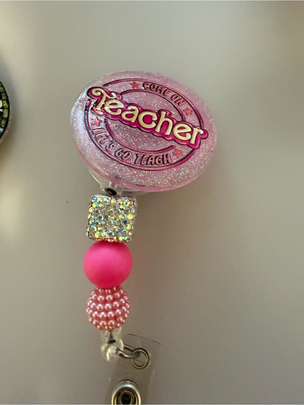 Pink 'Teacher' Glitter Badge Reel